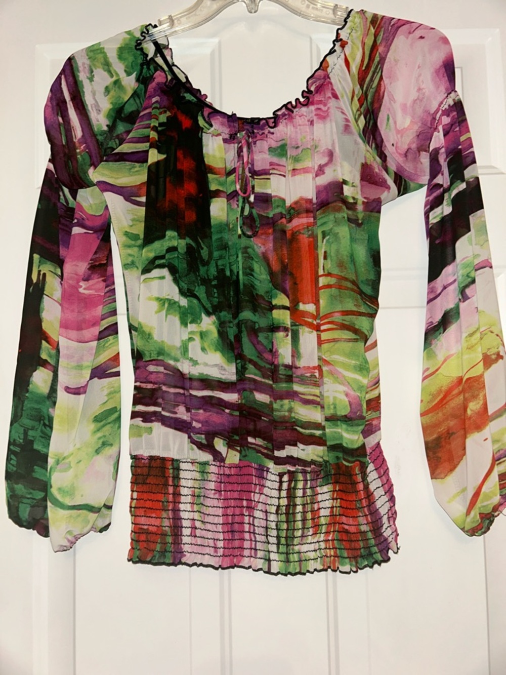 Boutique Sheer Watercolor Print Peasant Top L Multicolor On/Off Shoulder